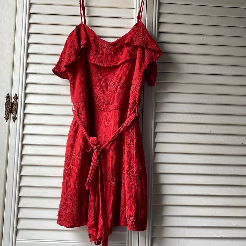 Francesca’s Red Orange Embroidered Tank Romper